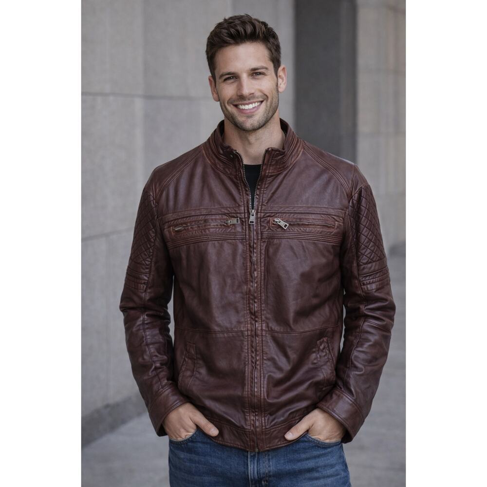BKE Brown Faux Leather Moto Jacket Quilted Elbow Patches Size L